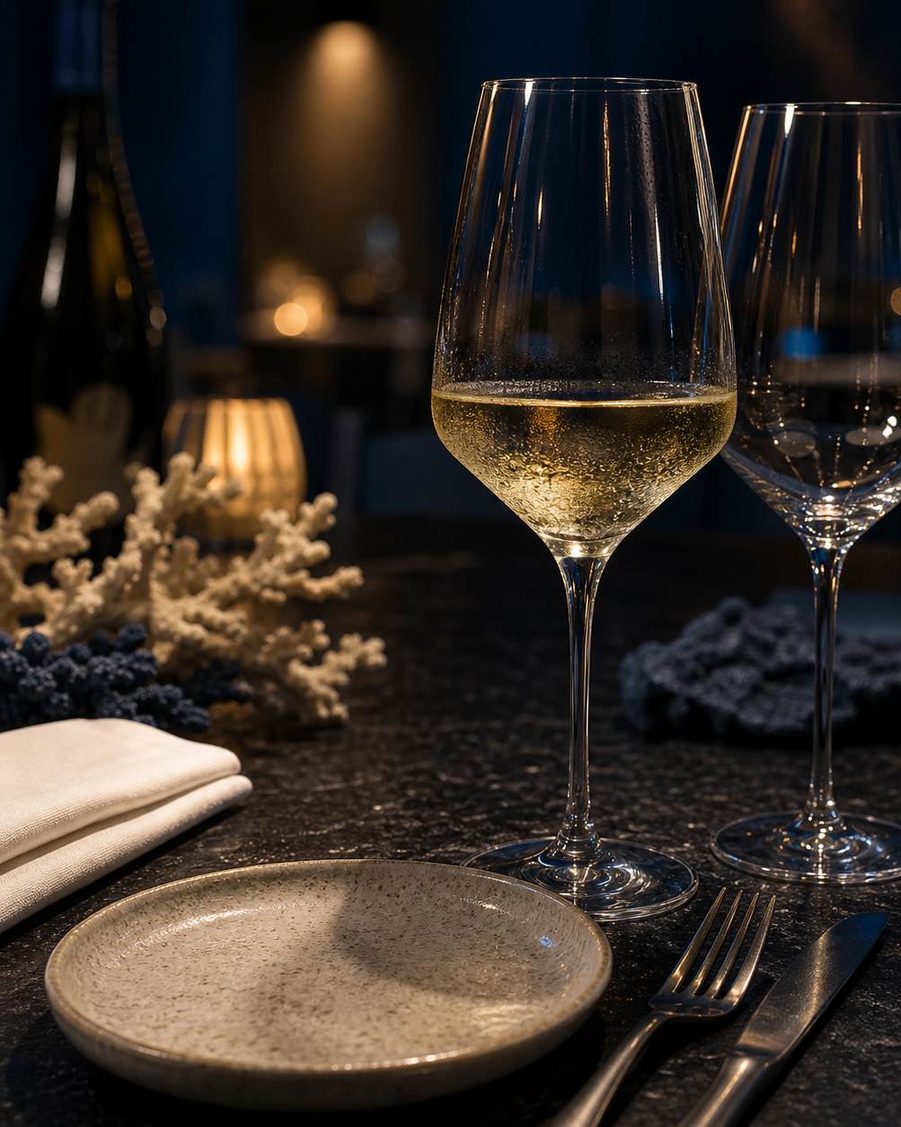 Calici di vino bianco su tavola elegante del Ristorante Coralì
