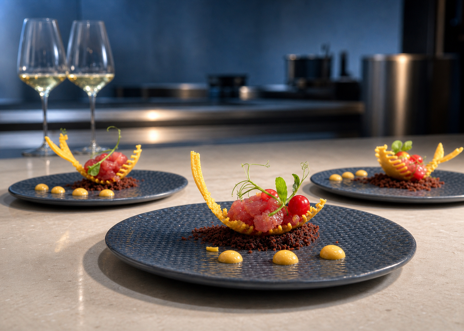 Piatto di mare in sala elegante con lampada e calice