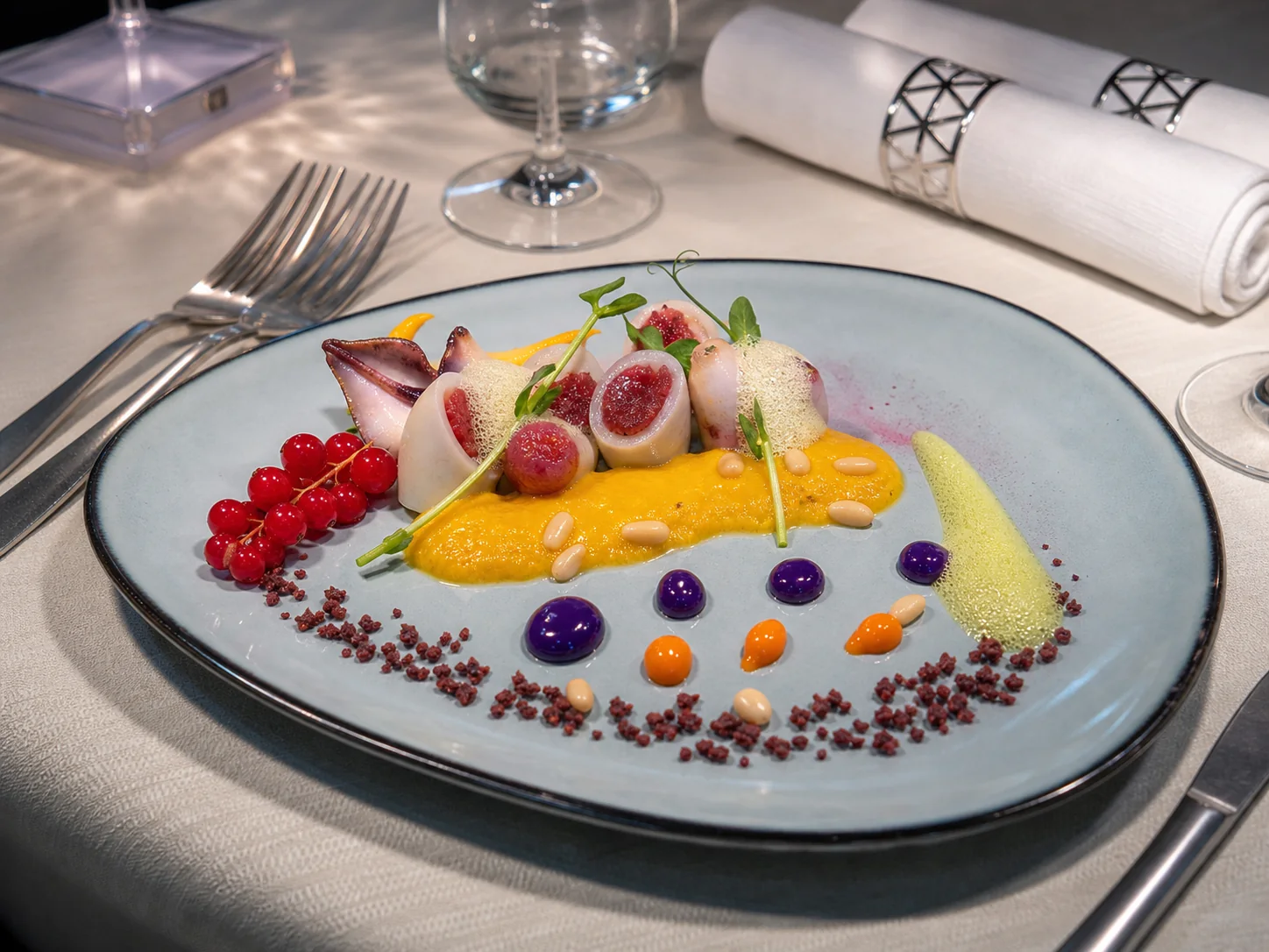 Piatto colorato con filetti di pesce, ribes e salse