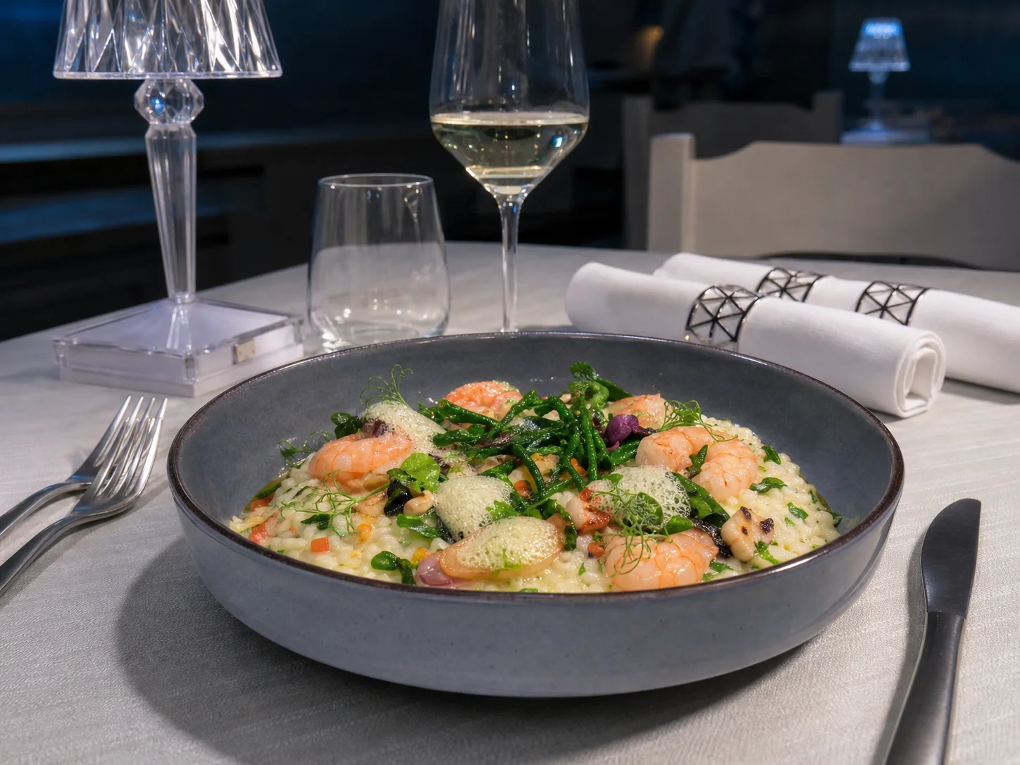 Risotto di mare in piatto ceramico